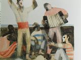 un tableau représentant un groupe de personnes jouant de la musique sur la plage