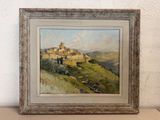 an oil painting of a small village on a hill with a bridge