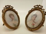 pair of antique miniature portraits of women in gold frames