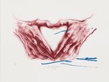 drawing of two hands making a heart shape with blue and red paint