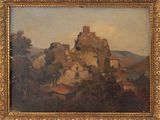 une vieille peinture représentant un château sur une colline, avec des arbres au premier plan
