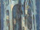 une peinture à l'huile représentant un bâtiment surmonté d'une horloge