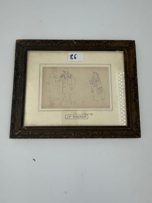 dessin encadré représentant un homme et une femme debout devant un mur