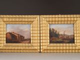 two framed paintings of a farm scene with a barn in the background