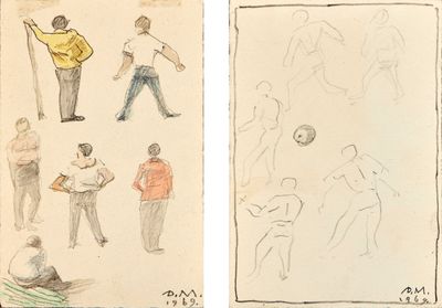 two drawings of a man and a woman playing with a soccer ball