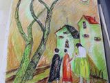 a drawing of a group of people standing in front of a house