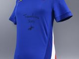 a blue shirt with a red poppy on it and a card on a mannequin