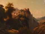 painting of a mountain landscape with a waterfall and a castle in the distance