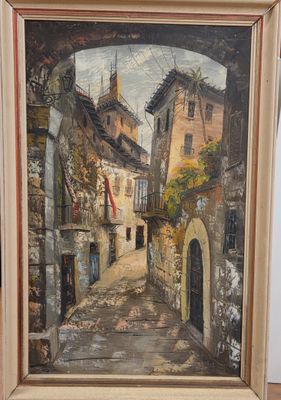 an oil painting of a narrow street with a clock tower in the background