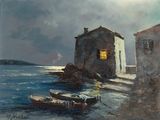 une peinture d'un bateau dans l'eau près d'un bâtiment