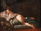 painting of a naked woman laying on a bed with a pillow