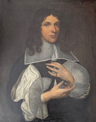 an old painting of a man holding a fan in his hand