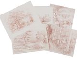 four cards with drawings of trees and a river in the background
