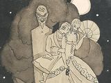 a drawing of a man and a woman holding umbrellas