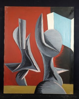 une image représentant un tableau où l'on voit une personne debout devant un mur rouge