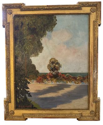 a painting of a landscape with trees and a road