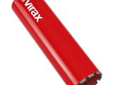 a close up of a red plastic tube with a logo on it