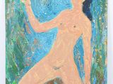 un tableau représentant une femme nue tenant un verre de vin à la main
