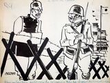 drawing of two soldiers sitting at a table with a knife in their hand