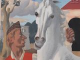 a painting of a man standing next to a white horse