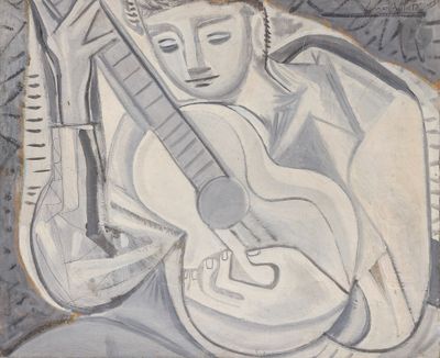 une image représentant une peinture d'une femme avec une guitare