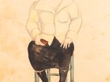 painting of a woman sitting on a chair with a cigarette in her hand