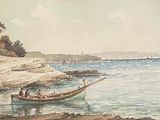 a painting of a boat on the water with people in it