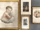 three framed pictures of a baby holding a teddy bear in a gold frame