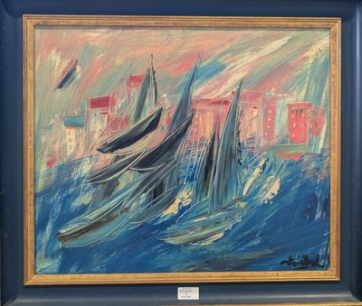une peinture à l'huile représentant des bateaux dans un port avec des bâtiments à l'arrière-plan