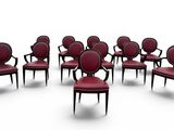 set of eight chairs with red upholstered leather seats
