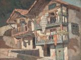 painting of a building with balconies and balconies on the side of the building