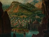an image of a painting of a man standing on a boat in a river
