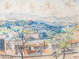 drawing of a view of a town with a few trees in the foreground