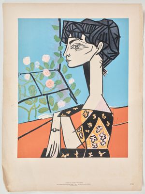 un tableau représentant une femme tenant une fleur à la main
