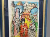painting of a group of people standing in front of a building