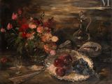a painting of a still life with flowers and fruit on a table