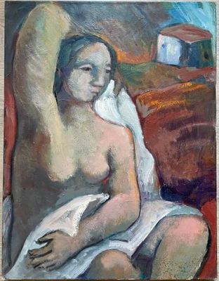 une peinture à l'huile représentant une femme enveloppée dans une serviette, assise sur un canapé
