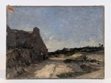 une image représentant une peinture d'un chemin de terre avec une maison en arrière-plan