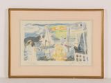 framed watercolor painting of sailboats in a harbor scene