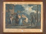 an old painting of a group of people in a wooded area