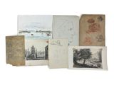 many drawings of a woman and a boat on the water
