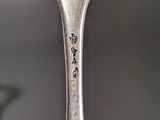 a silver spoon with a spoon handle with writing on it