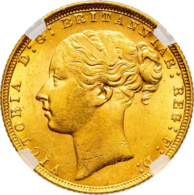 une pièce « sovereign » en or représentant le profil d'une femme