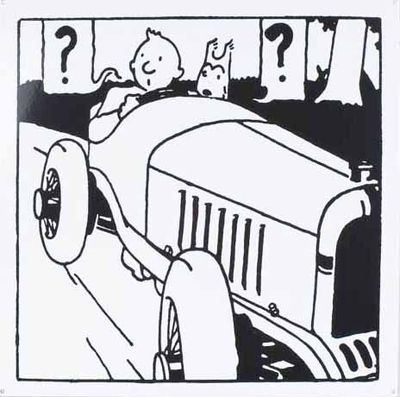 cartoon drawing of a man driving a car with a dog in the back seat
