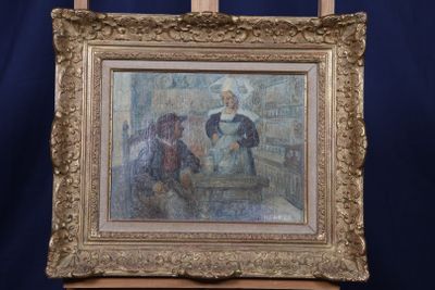 tableau représentant un homme et une femme assis sur une chaise devant un fond bleu