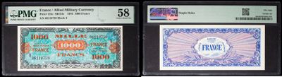 three different types of currency are displayed in a display case