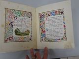 a person holding an open book with a picture on it