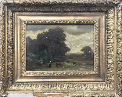 tableau représentant un paysage avec du bétail et des arbres, dans un cadre doré