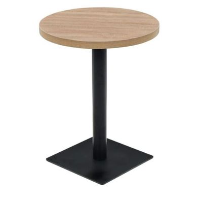 a round wooden table with a black metal base
