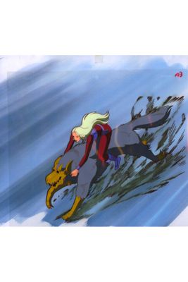 cartoon of a woman riding a surfboard on top of a wave